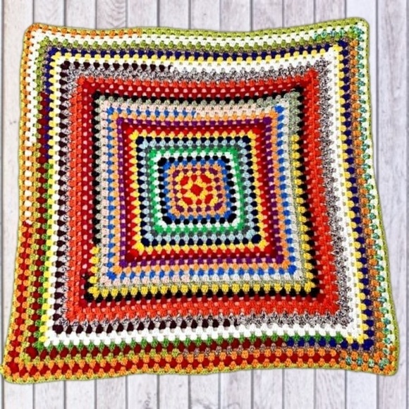 Vintage Other - Vintage Granny Square Crocheted Afghan Multicolored Boho Throw Blanket Handmade